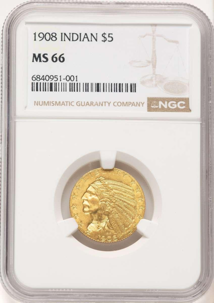 Bullionshark 1908 $5 Indian Gold Half Eagle Coin NGC MS66 - HAT780378008 