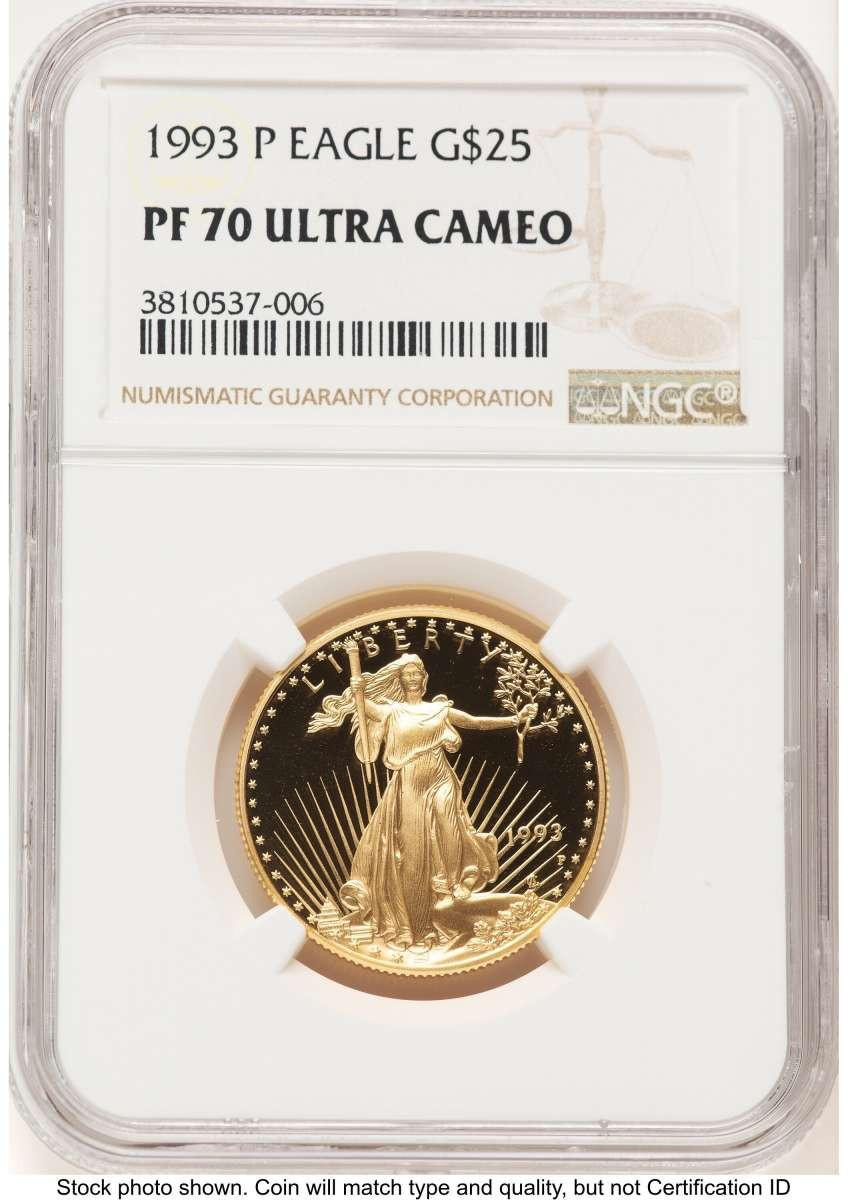 Bullionshark 1993-P $25 1/2 oz American Gold Eagle Coin NGC MS70 - HAT779754002 