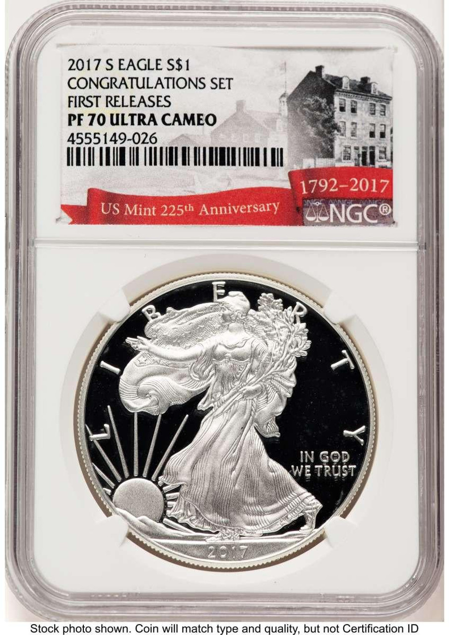 Bullionshark 2017-S S$1 American Silver Eagle Coin NGC MS70, Congratulations Set, First Strike - HAT765433066 