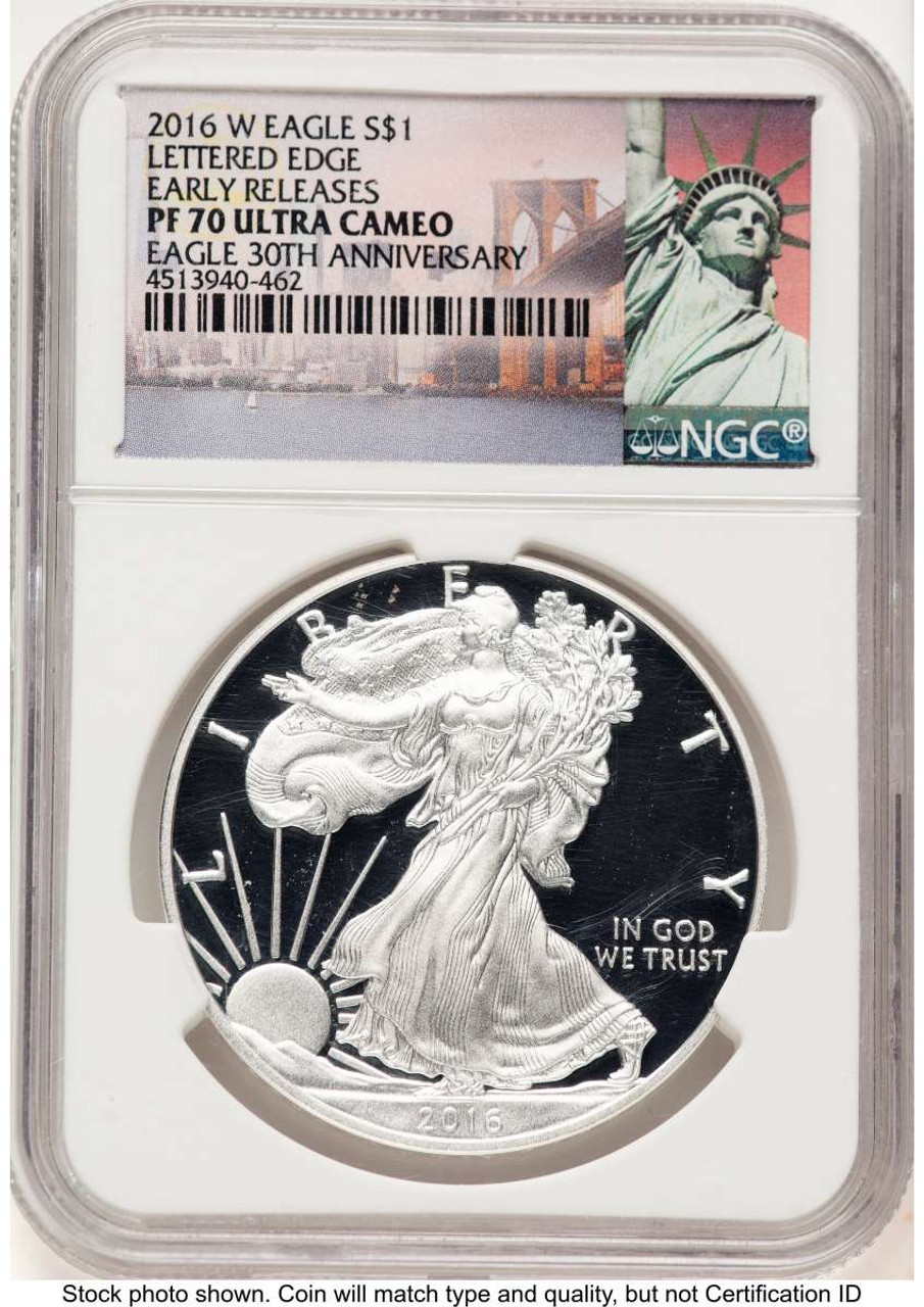 2016-W S$1 American Silver Eagle Coin NGC MS70, Lettered Edge, 30th Anniversary, First Strike coin front image