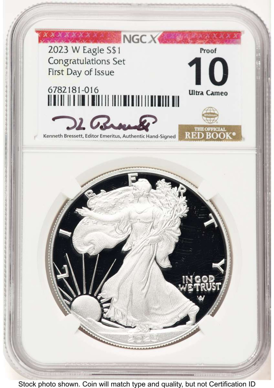 2023-W $1 American Silver Eagle Coin NGCX 10, Congratulations Set, First Day of Issue coin front image