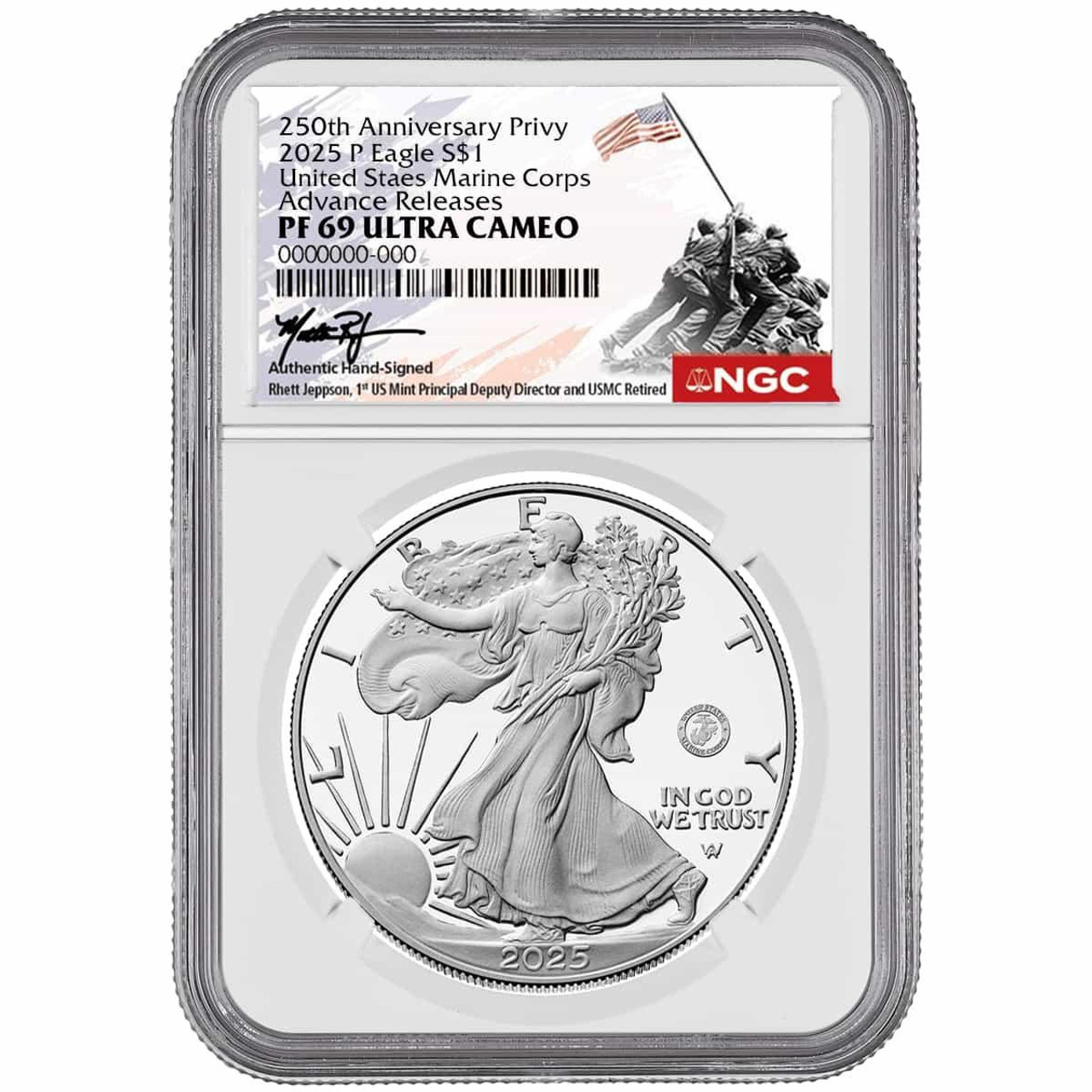  2025 Marine Corps Privy Silver Eagle NGC PF69 UCAM Advance Releases Hand Signed by Rhett Jeppson 