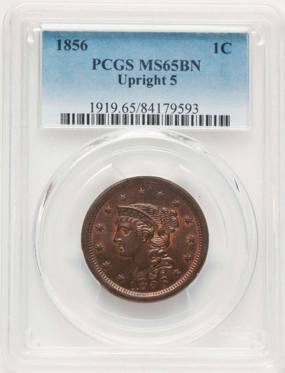 Bullionshark 1856 1C Large Cent Coin PCGS MS65   Upright 5 BN - HAT522233005 