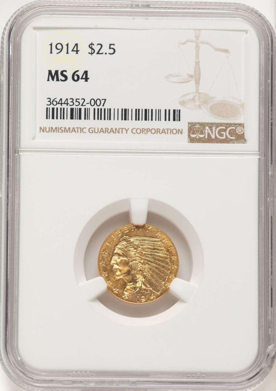 Bullionshark 1914 $2.5 Indian Gold Quarter Eagle Coin NGC MS64 - HAT783065001 