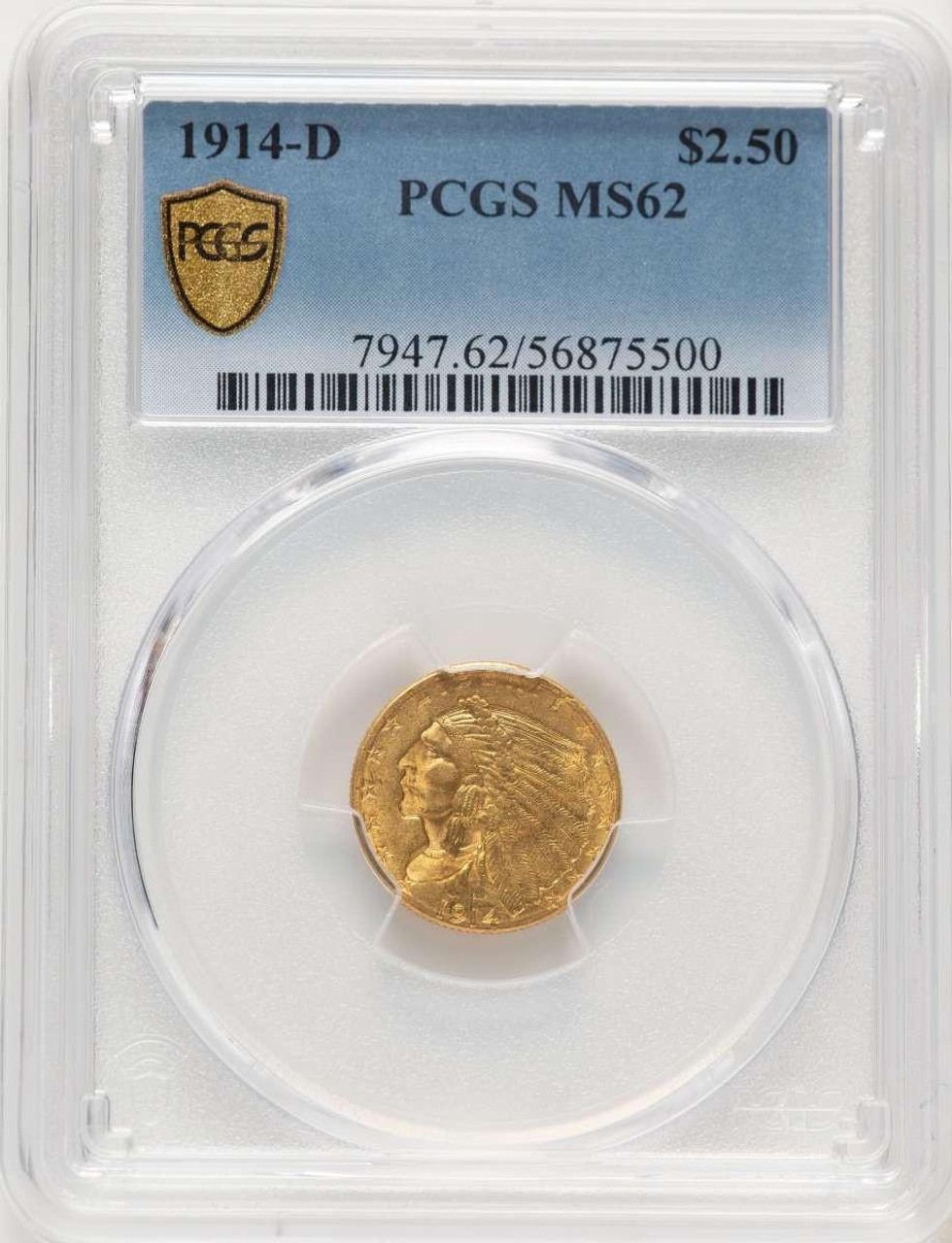 Bullionshark 1914-D $2.5 Indian Gold Quarter Eagle Coin PCGS MS62 - HAT780447002 