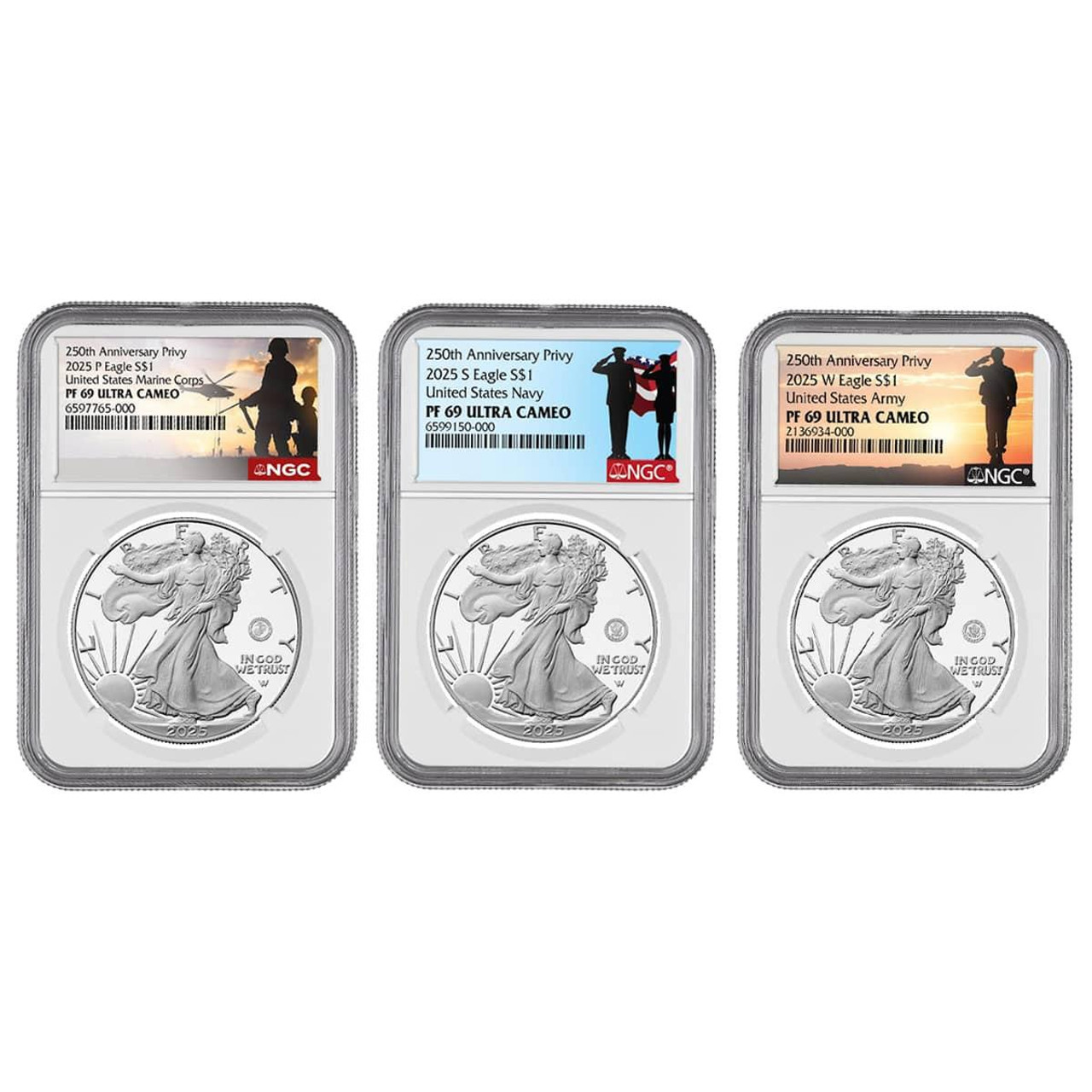  2025 Army, Navy & Marine Privy Silver Eagle 250th Anniversary 3-Coin Set NGC PF69 