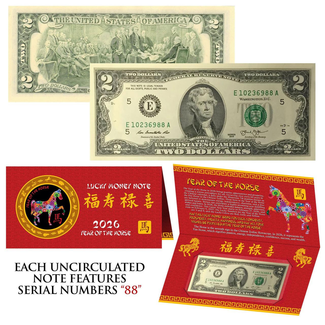 Lucky Year of the Horse Foldover $2 Bill – Serial Numbers “88”