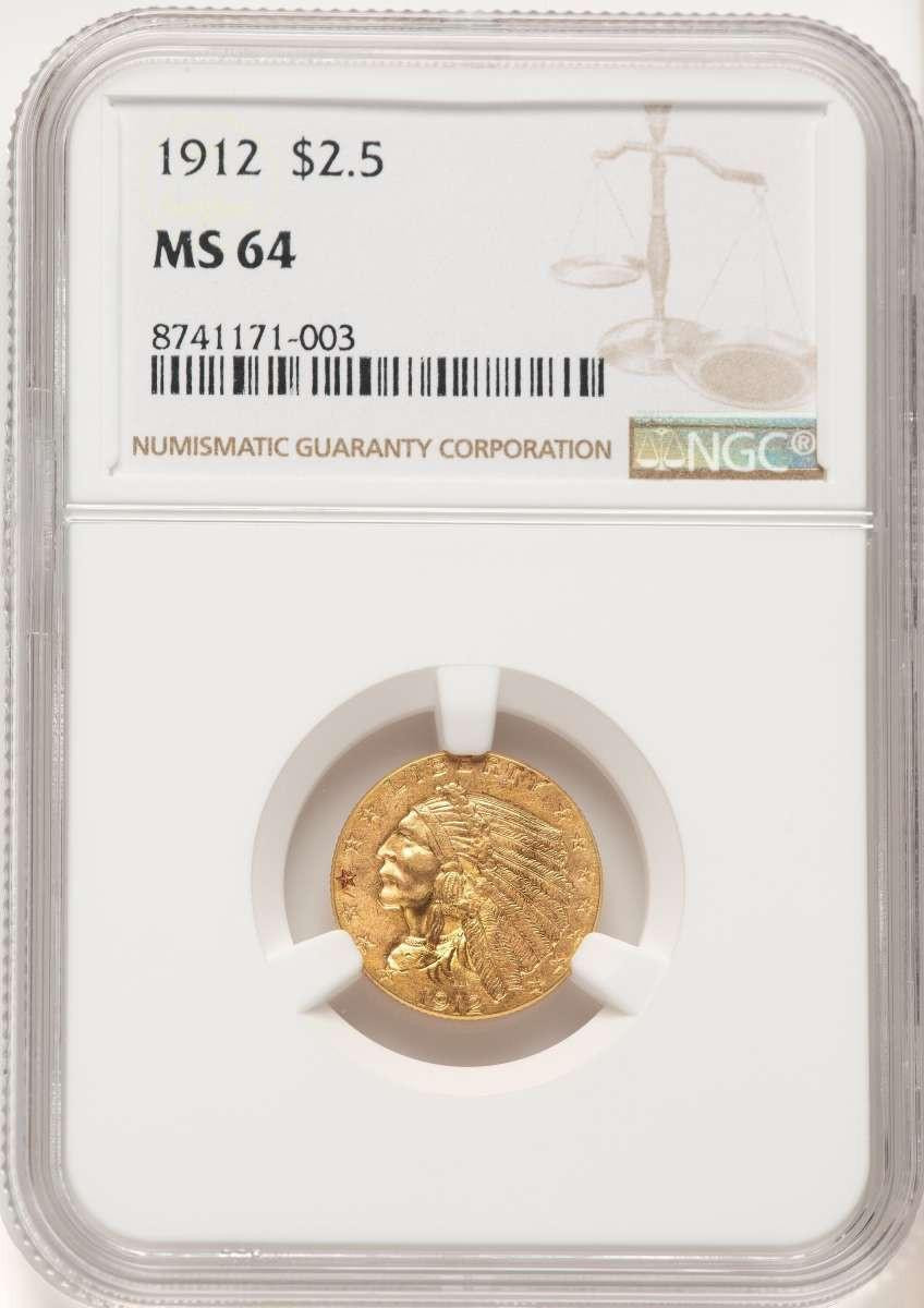 Bullionshark 1912 $2.5 Indian Gold Quarter Eagle Coin NGC MS64 - HAT783605015 