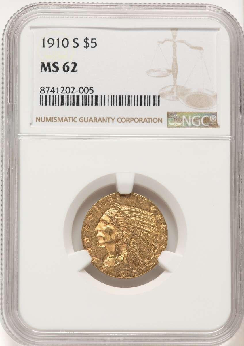 Bullionshark 1910-S $5 Indian Gold Half Eagle Coin NGC MS62 - HAT783605024 
