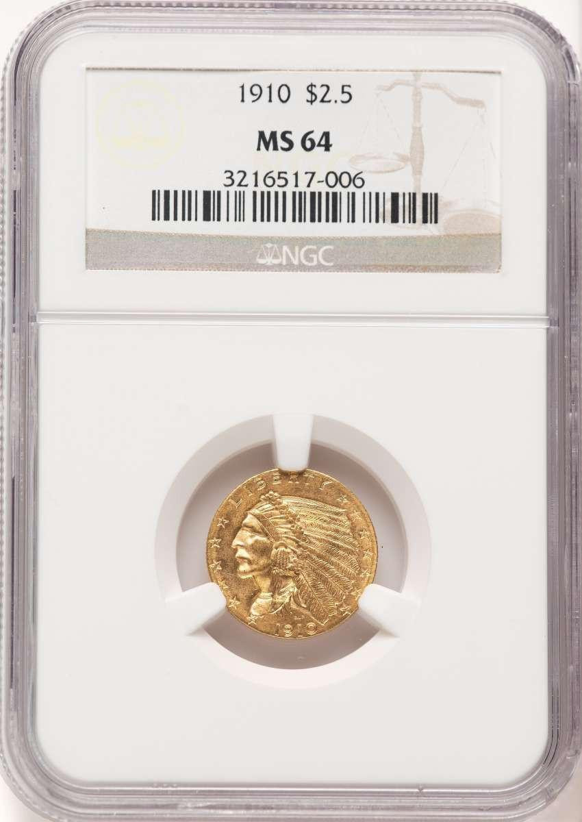 Bullionshark 1910 $2.5 Indian Gold Quarter Eagle Coin NGC MS64 - HAT779951017 