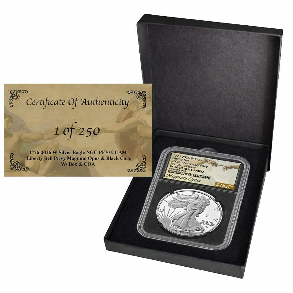  1776-2026 W Silver Eagle NGC PF70 UCAM - Liberty Bell Privy - Magnum Opus Black Core (1 of 250) -  w/Box & CoA 
