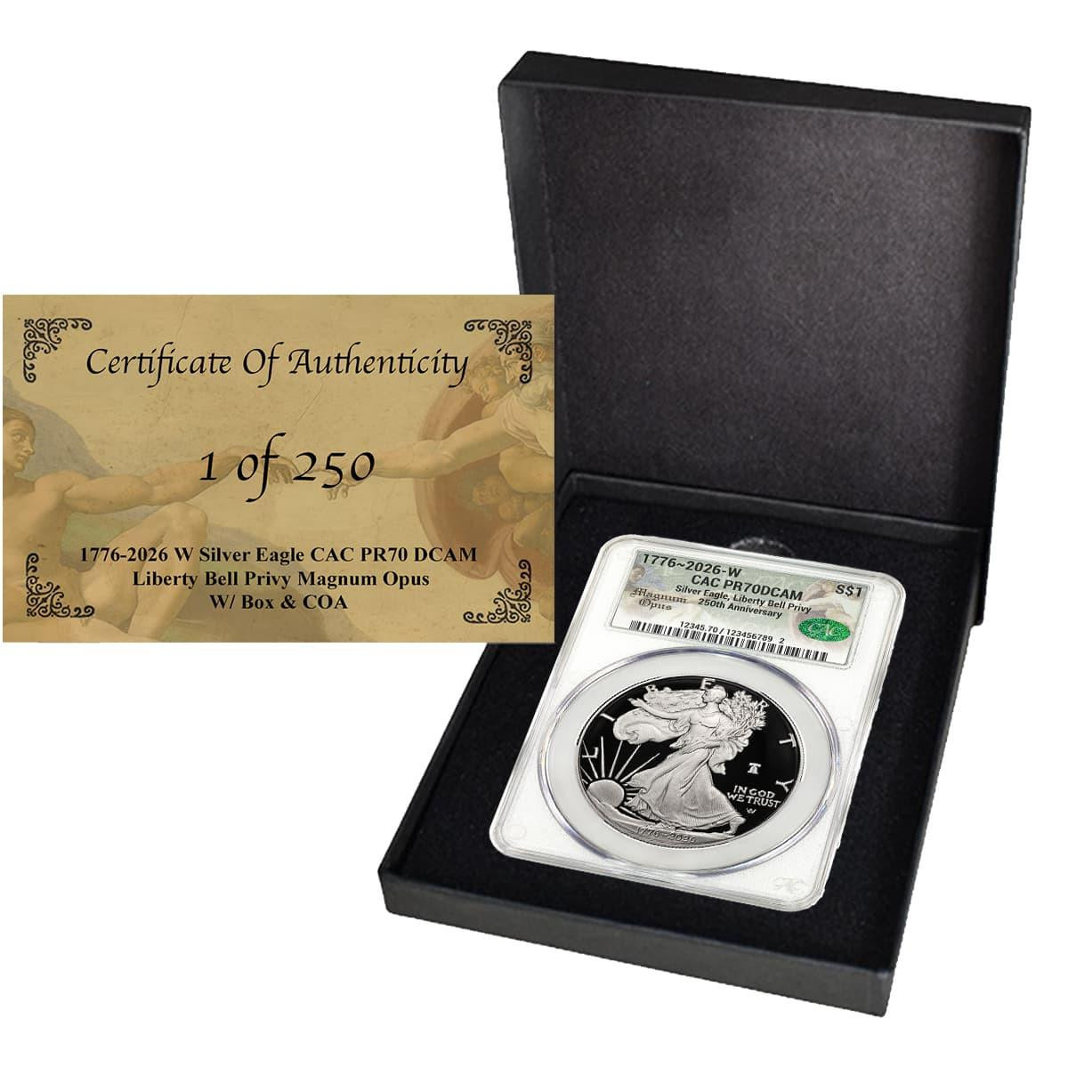  1776-2026 W Silver Eagle CAC PR70 DCAM - Liberty Bell Privy - Magnum Opus - (1 of 250) -  w/Box & CoA 
