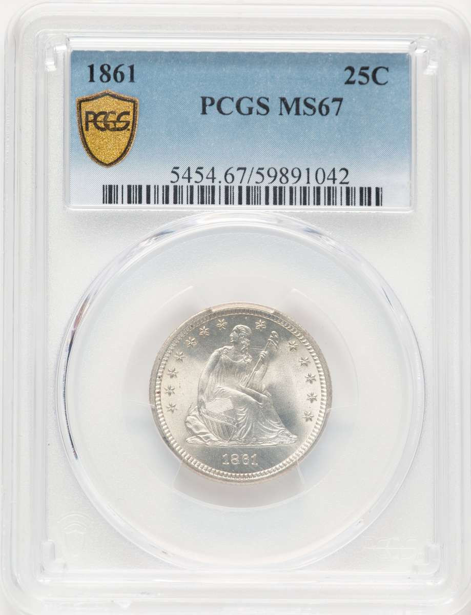 1861 25C Seated Quarter Coin PCGS MS67 coin front image