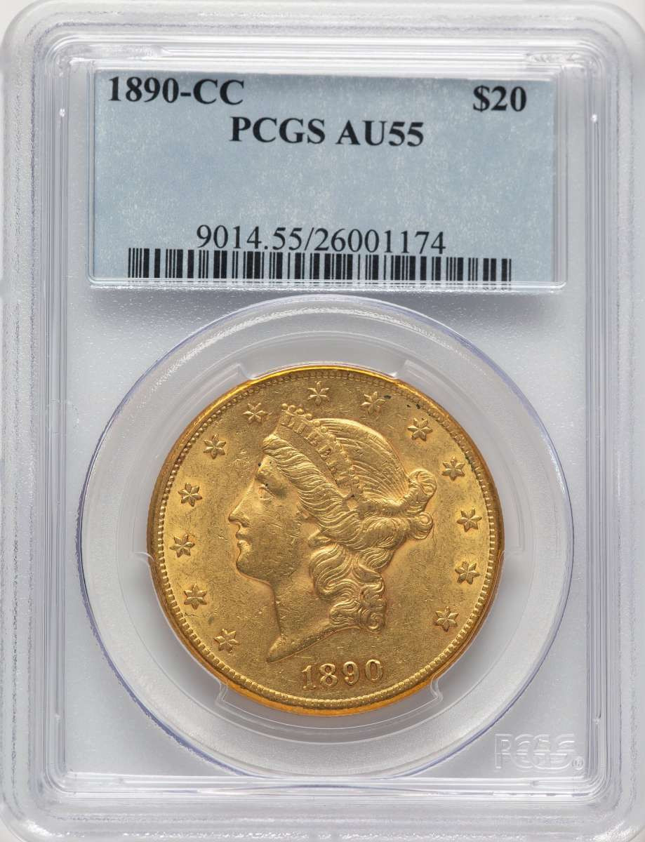 1890-CC $20 Liberty Gold Double Eagle PCGS AU55 coin front image