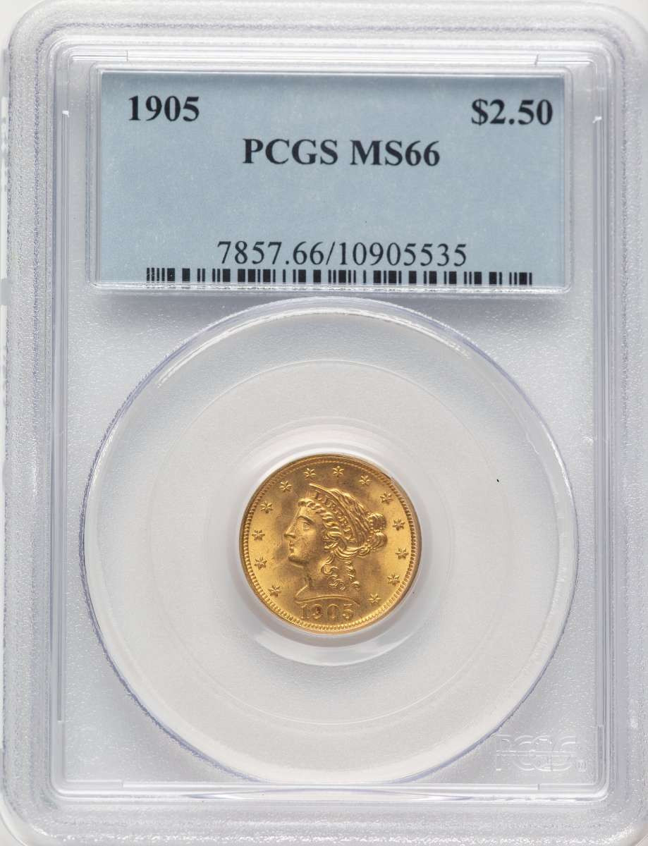 1905 $2.5 Liberty Gold Quarter Eagle Coin PCGS MS66 coin front image