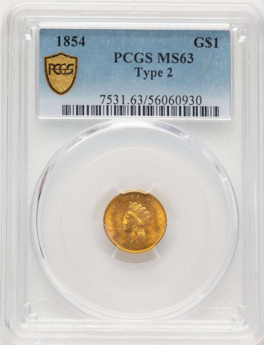 1854 G$1 Gold Dollar Coin PCGS MS63   Type Two coin front image