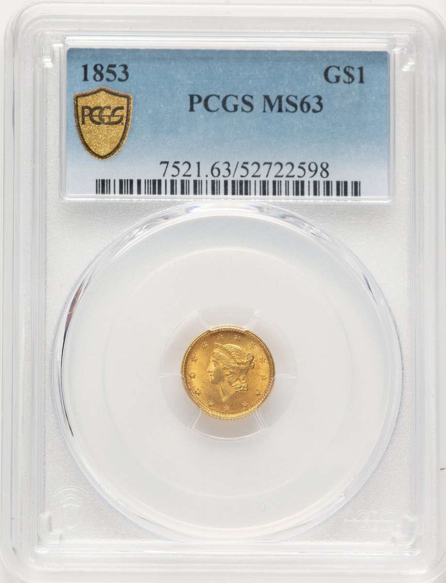 1853 G$1 Gold Dollar Coin PCGS MS63 coin front image