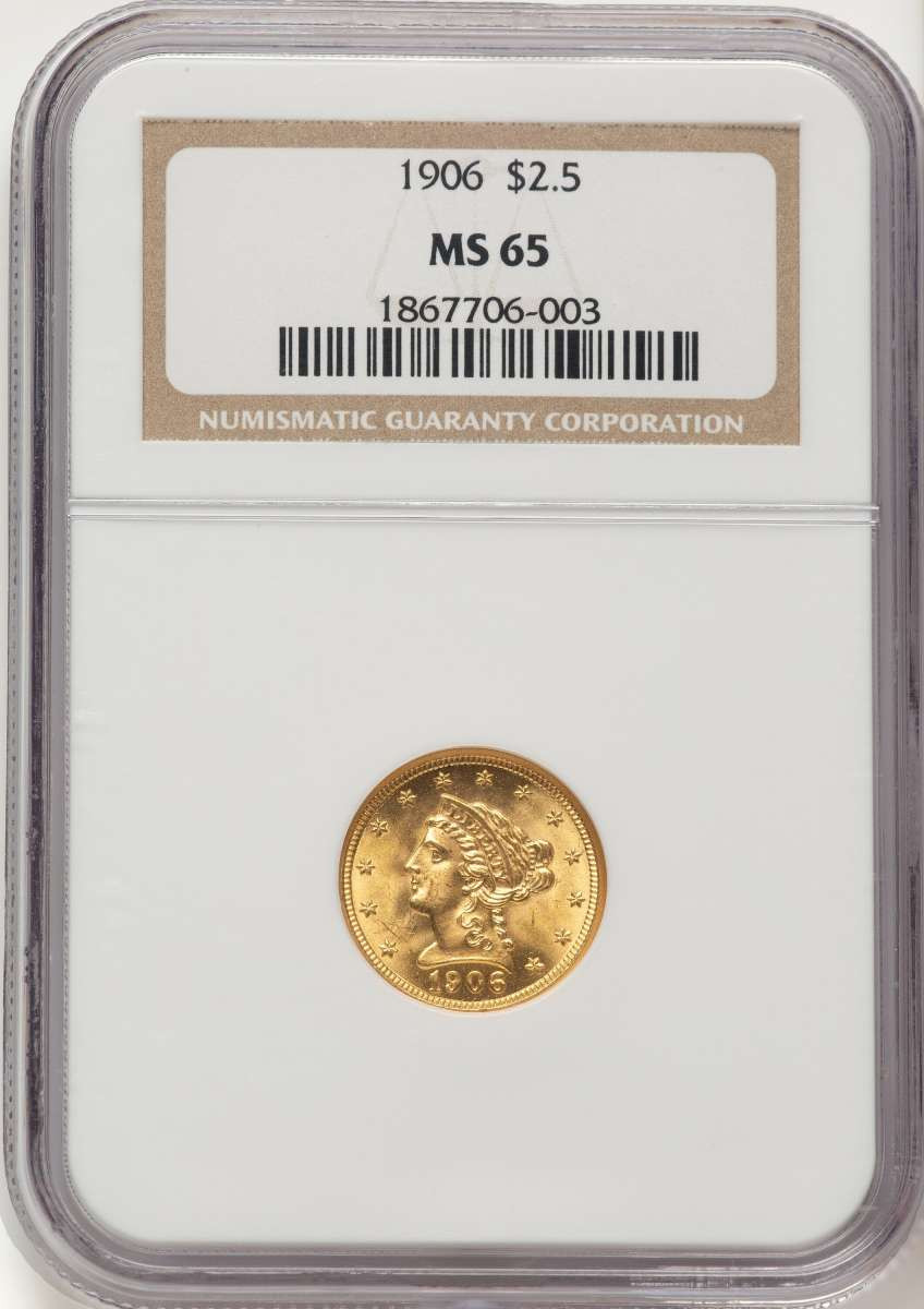 1906 $2.5 Liberty Gold Quarter Eagle Coin NGC MS65 coin front image
