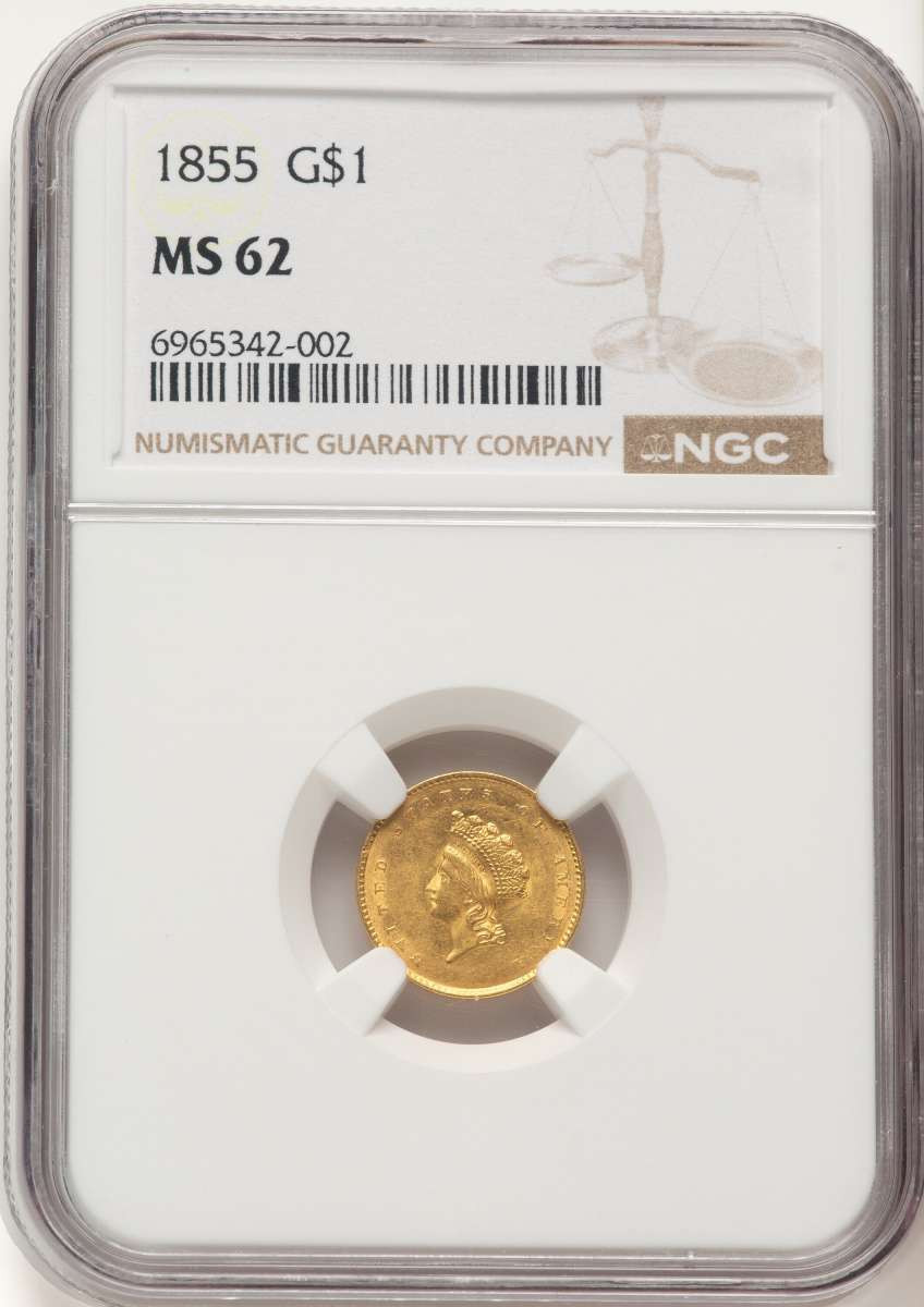 1855 G$1 Gold Dollar Coin NGC MS62   Type Two coin front image