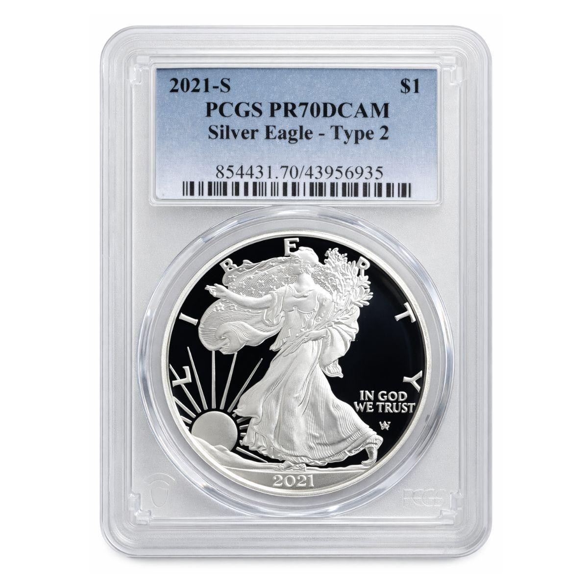  2021-S $1 American Silver Eagle Type 2 PCGS PR70 DCAM 
