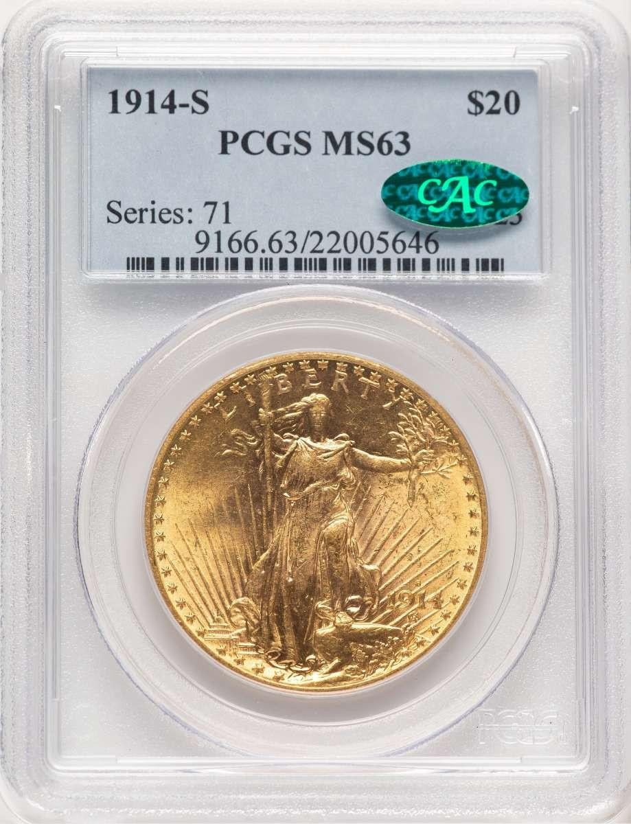 Bullionshark 1914-S $20 Saint Gaudens Double Eagle PCGS MS63  CAC - HAT778032017 