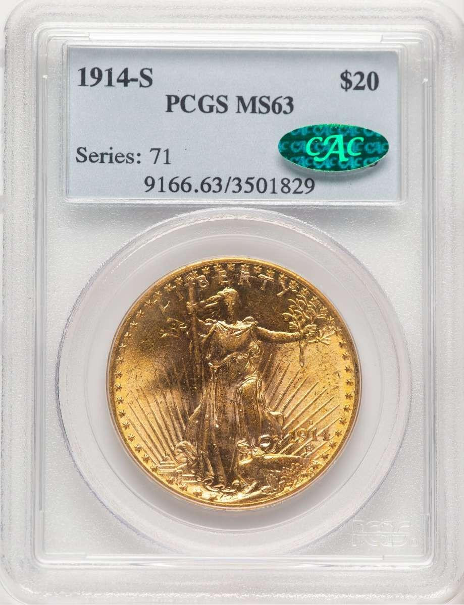 Bullionshark 1914-S $20 Saint Gaudens Double Eagle PCGS MS63  CAC - HAT778032016 