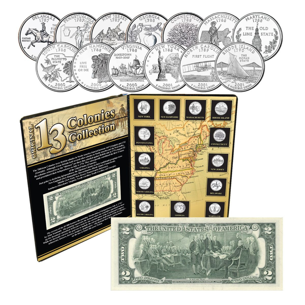 1999-2001 13 Colonies State Quarter and $2 Bill Collection