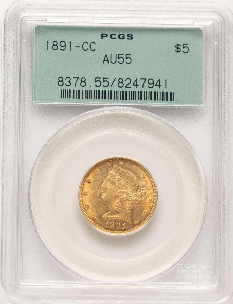 1891-CC $5 Liberty Gold Half Eagle Coin PCGS AU55 coin front image