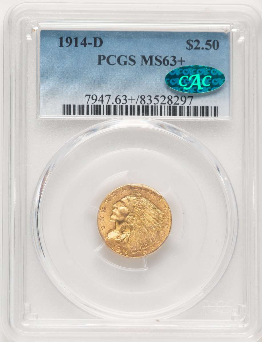1914-D $2.5 Indian Gold Quarter Eagle Coin PCGS MS63  CAC + coin front image