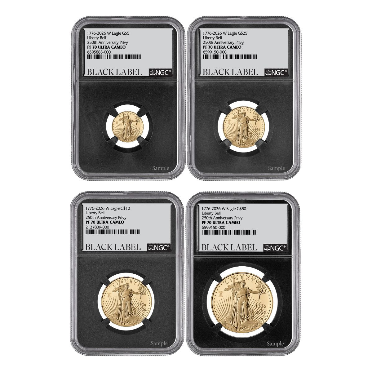 1776-2026 W 1.85 oz Liberty Bell Privy Gold Eagle Set NGC PF70 UCAM - Black Label - 1 of 5 - w/Box & CoA