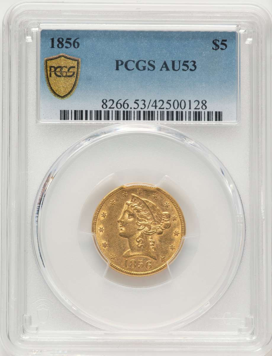 1856 $5 Liberty Gold Half Eagle Coin PCGS AU53 coin front image