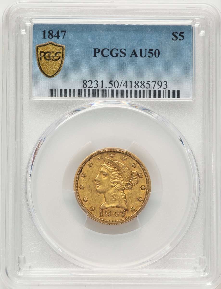 1847 $5 Liberty Gold Half Eagle Coin PCGS AU50 coin front image