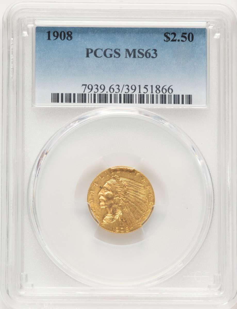 1908 $2.5 Indian Gold Quarter Eagle Coin PCGS MS63 coin front image