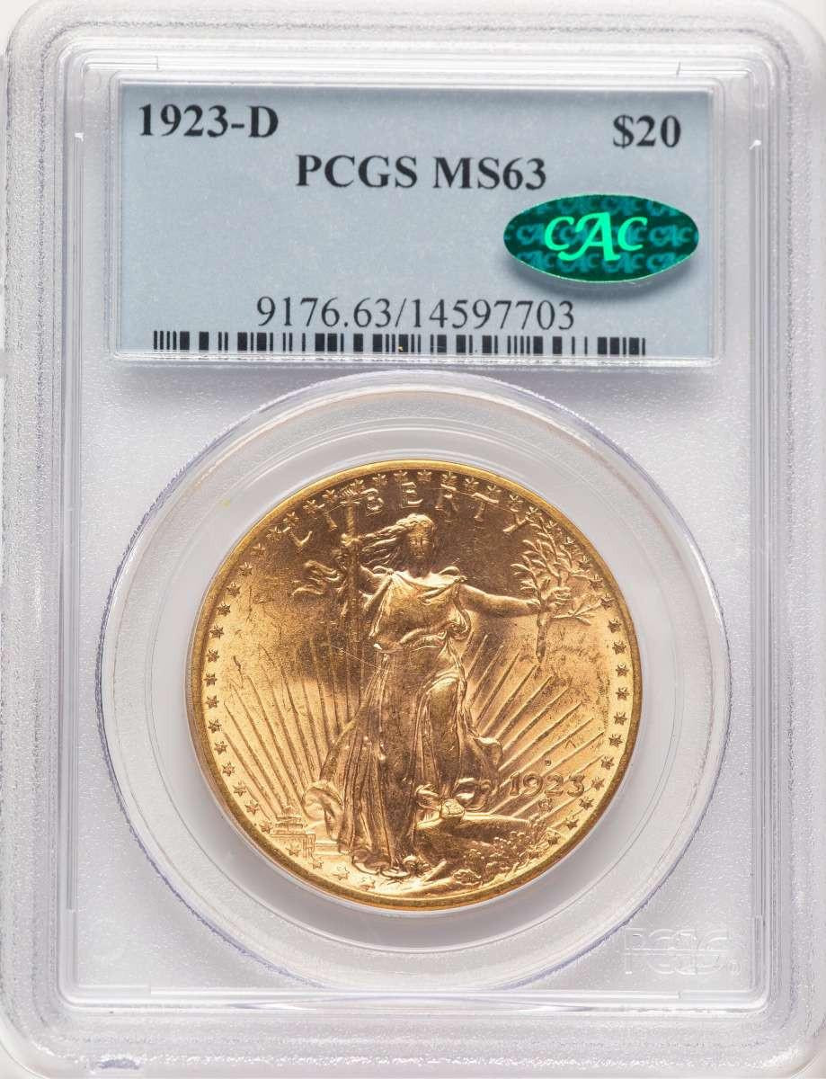 Bullionshark 1923-D $20 Saint Gaudens Double Eagle PCGS MS63  CAC - HAT778032018 