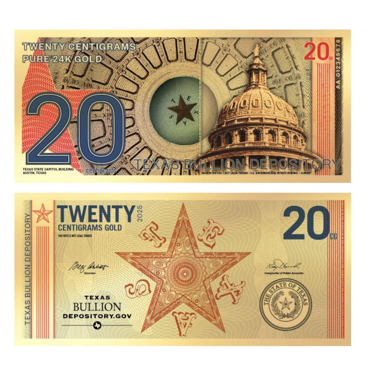  2025 20 Centigram Gold Texas Lonestar Note 