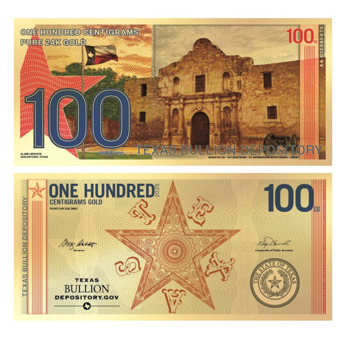 2025 100 Centigram Gold Texas Lonestar Note (State of Texas Official Gold Bill)