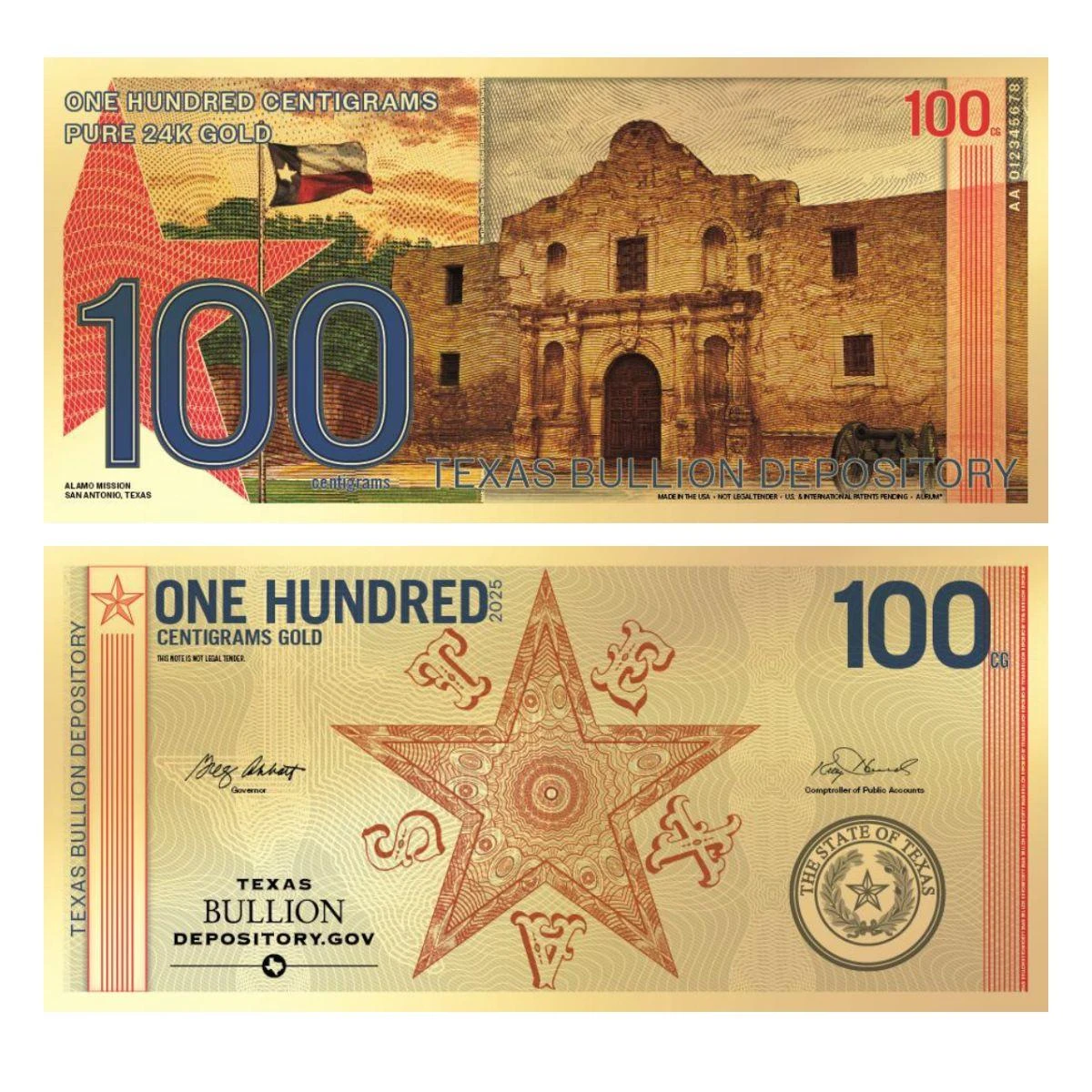  2025 100 Centigram Gold Texas Lonestar Note 