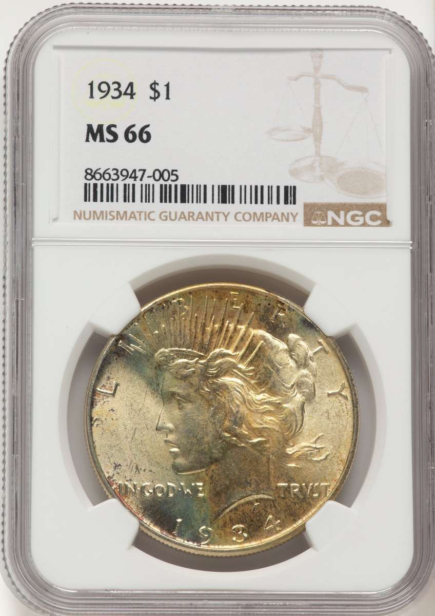 1934 S$1 Peace Silver Dollar Coin NGC MS66 coin front image