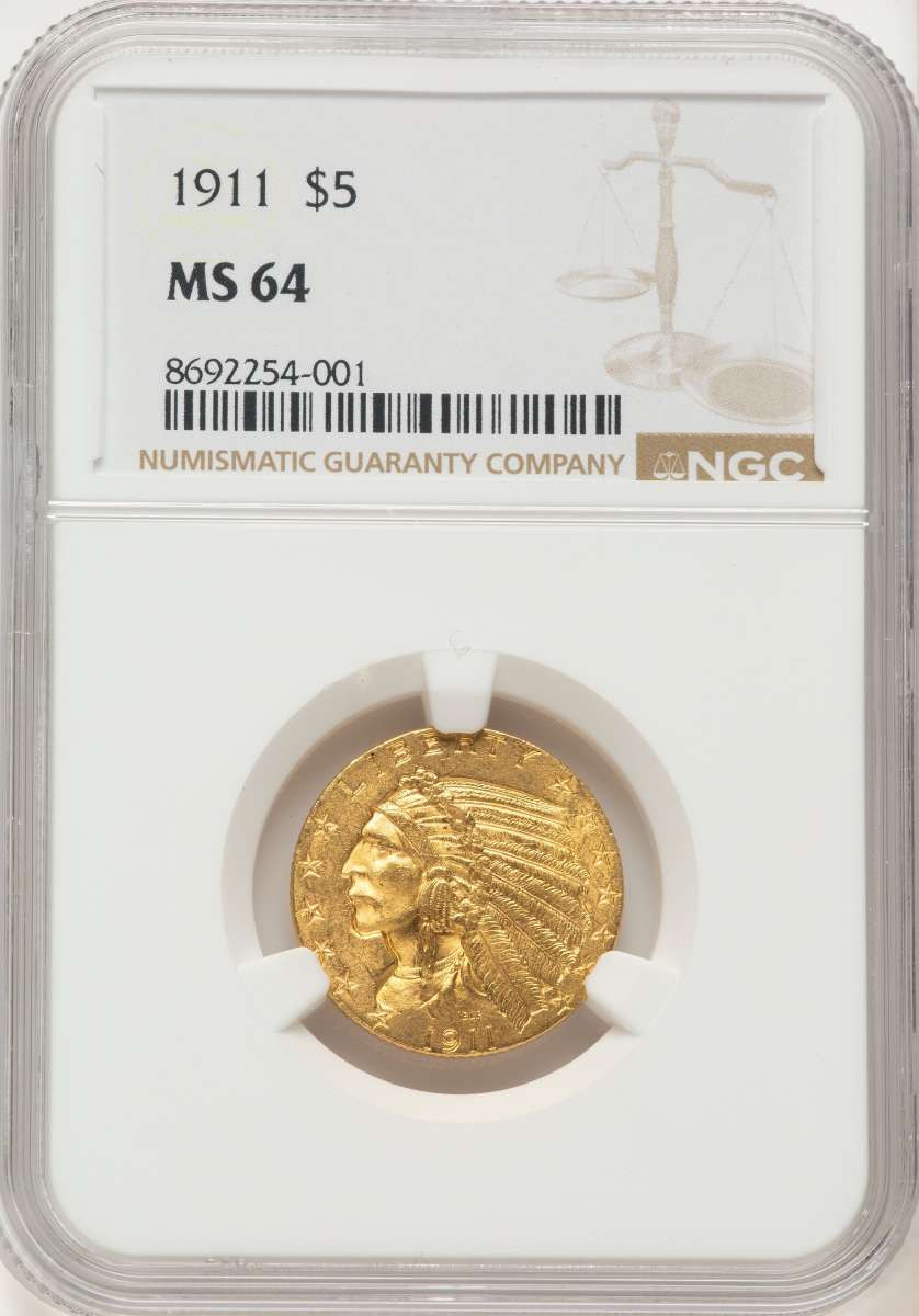 1911 $5 Indian Gold Half Eagle Coin NGC MS64 coin front image