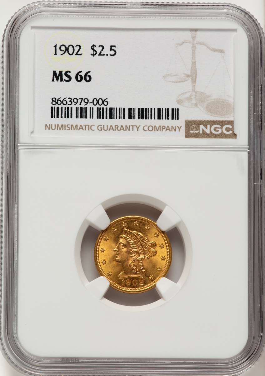 1902 $2.5 Liberty Gold Quarter Eagle Coin NGC MS66 coin front image