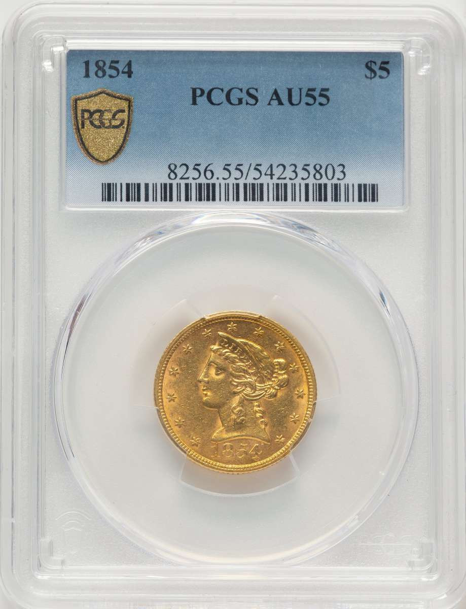 1854 $5 Liberty Gold Half Eagle Coin PCGS AU55 coin front image
