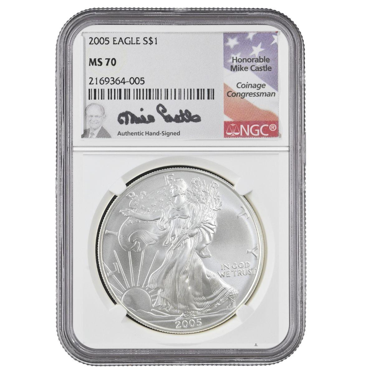 2005 Silver Eagle NGC MS70 signed by Mike Castle - 1 of 35