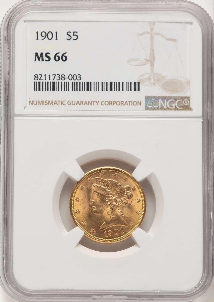 Bullionshark 1901 $5 Liberty Gold Half Eagle Coin NGC MS66 - HAT785787015 