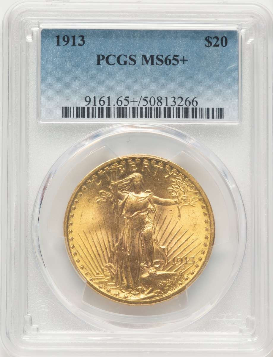 1913 $20 Saint Gaudens Double Eagle PCGS MS65  + coin front image
