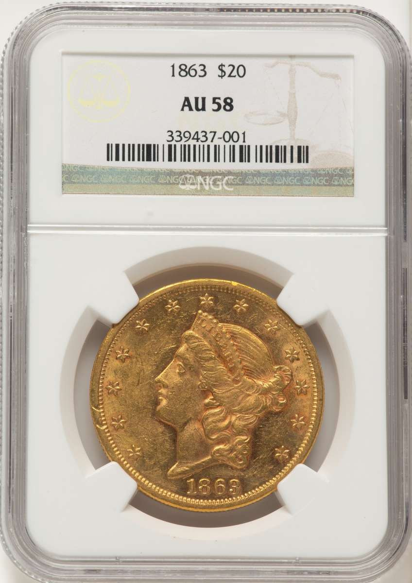 1863 $20 Liberty Gold Double Eagle NGC AU58 coin front image