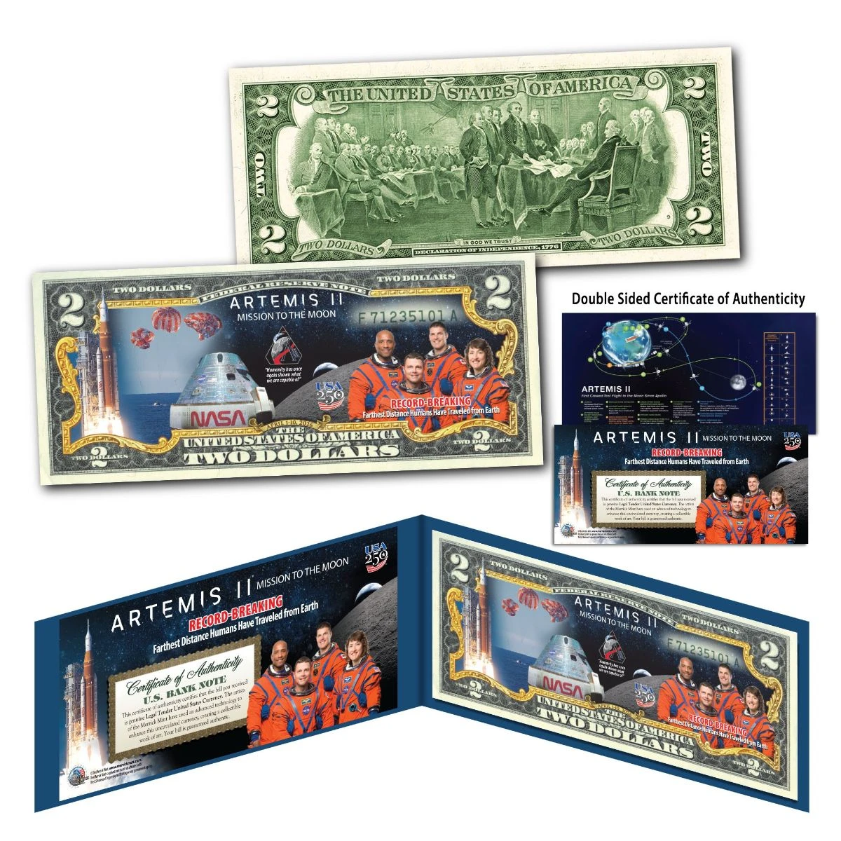 Artemis II Colorized $2 Bill Genuine U.S. Legal Tender