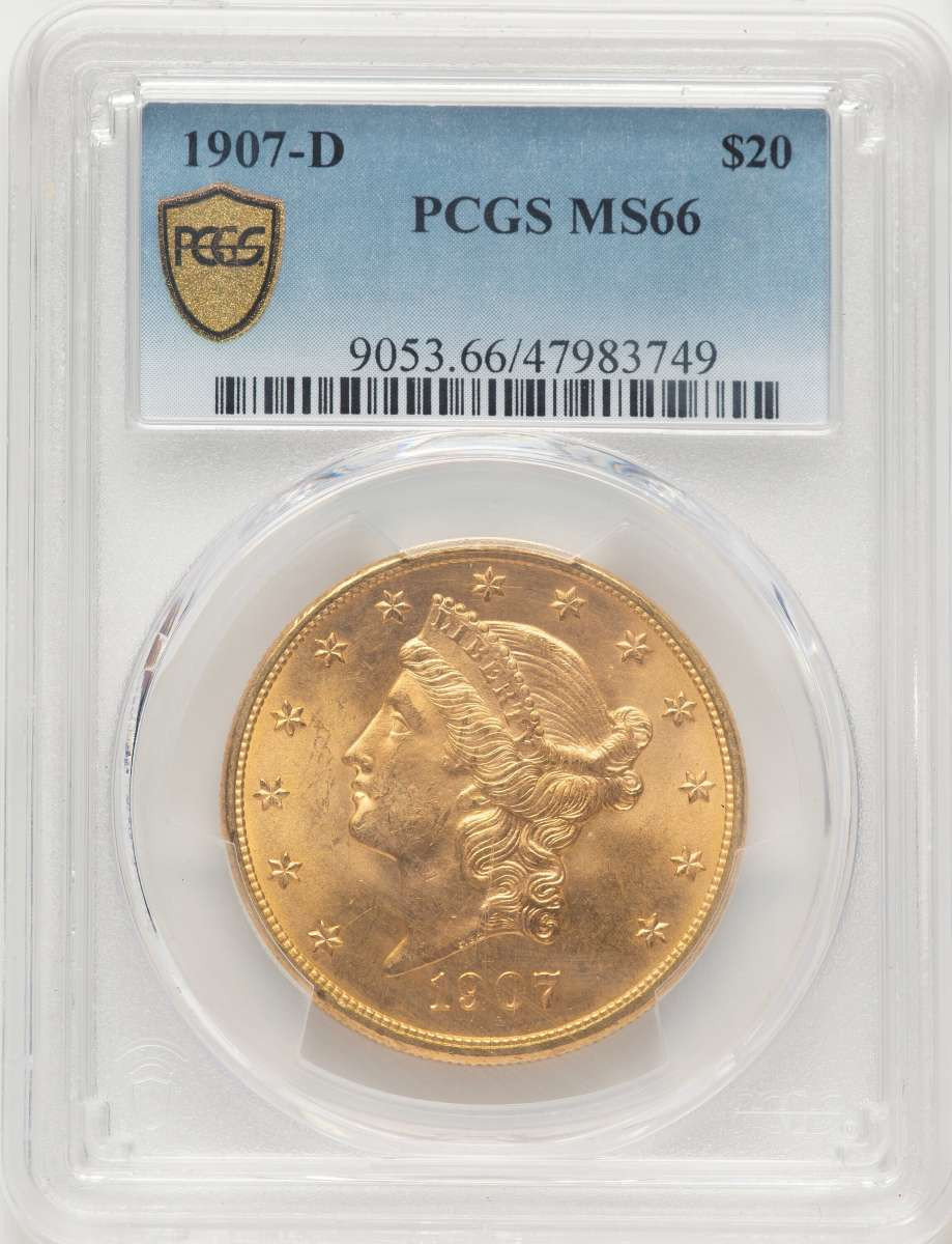 1907-D $20 Liberty Gold Double Eagle PCGS MS66 coin front image