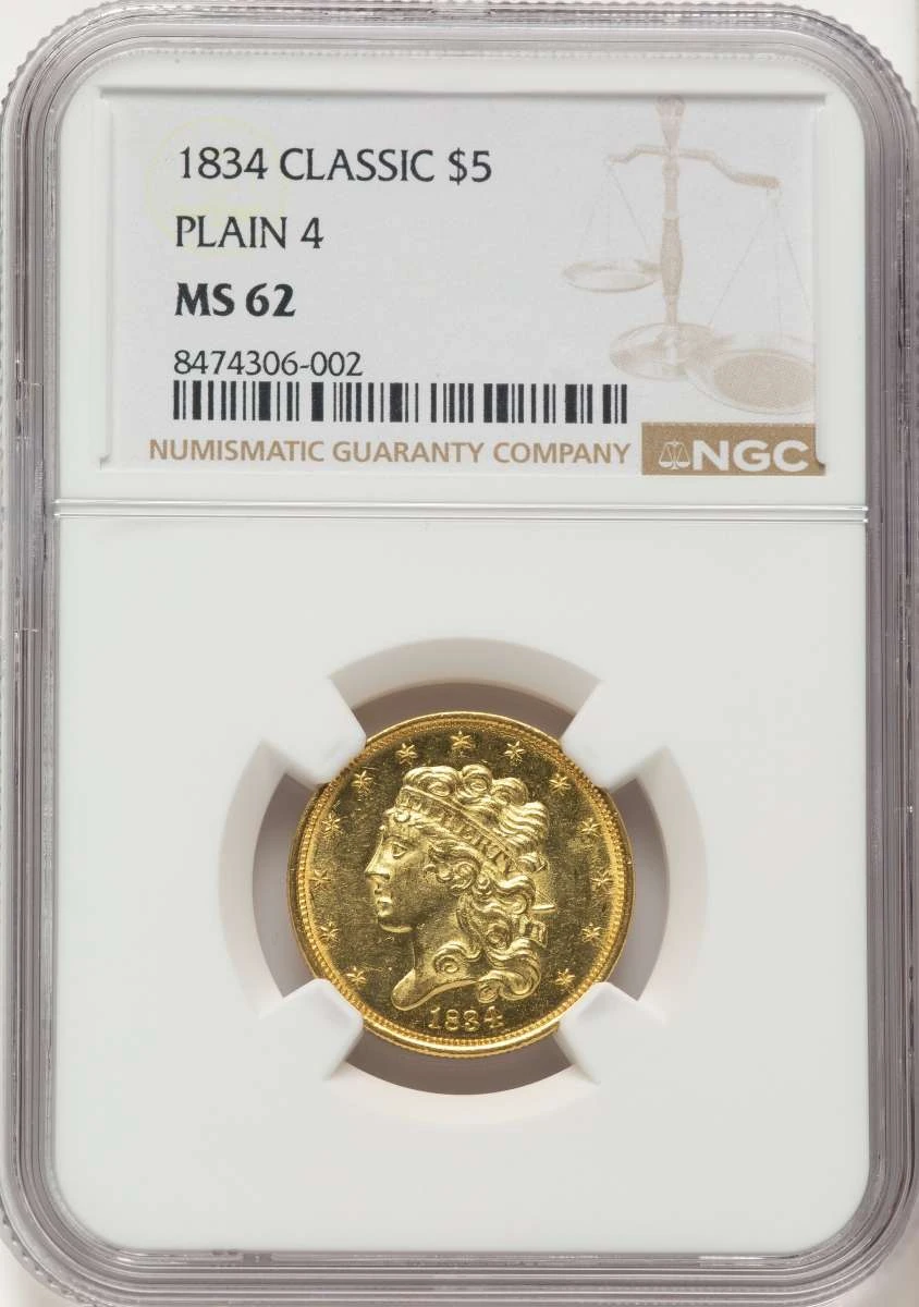 1834 $5 Classic Gold Half Eagle Coin NGC MS62   Plain 4 coin front image