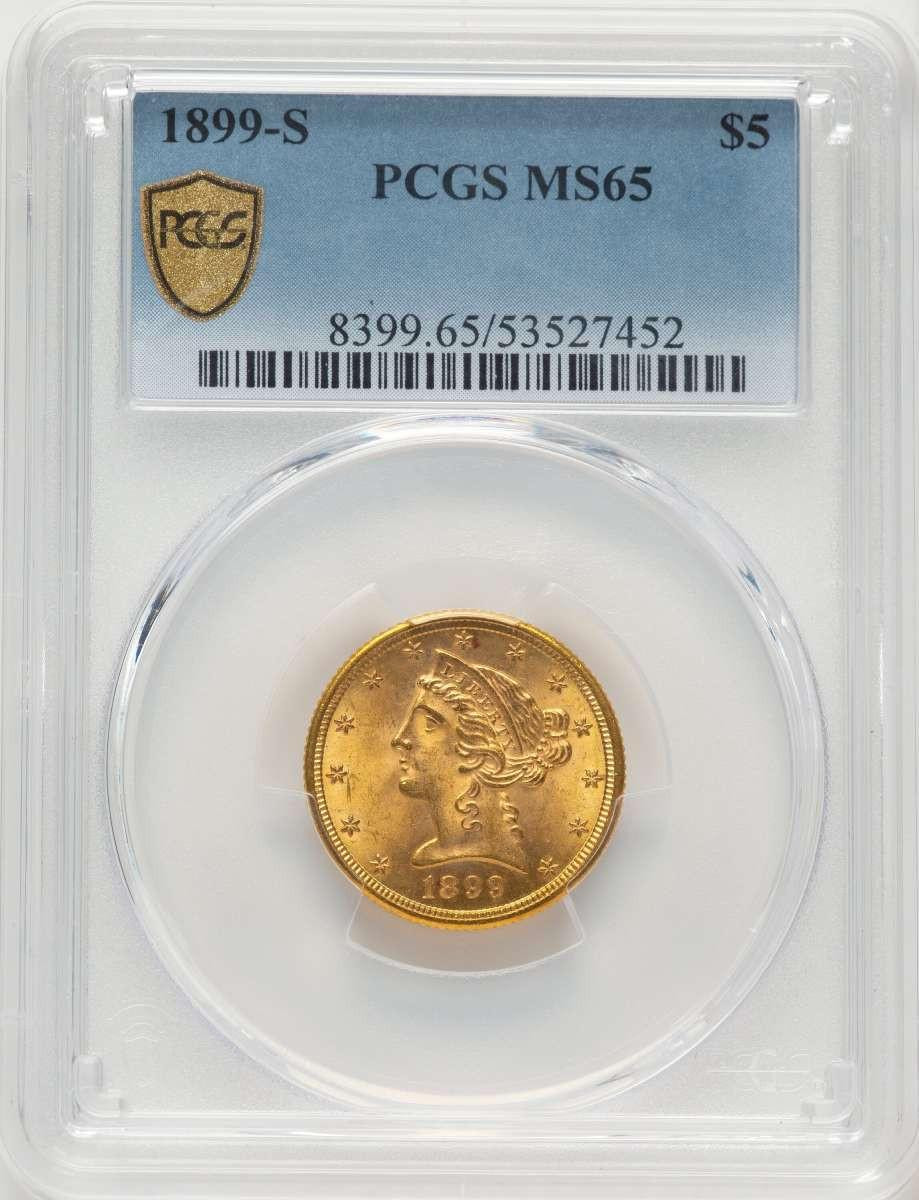 Bullionshark 1899-S $5 Liberty Gold Half Eagle Coin PCGS MS65 - HAT786337001 
