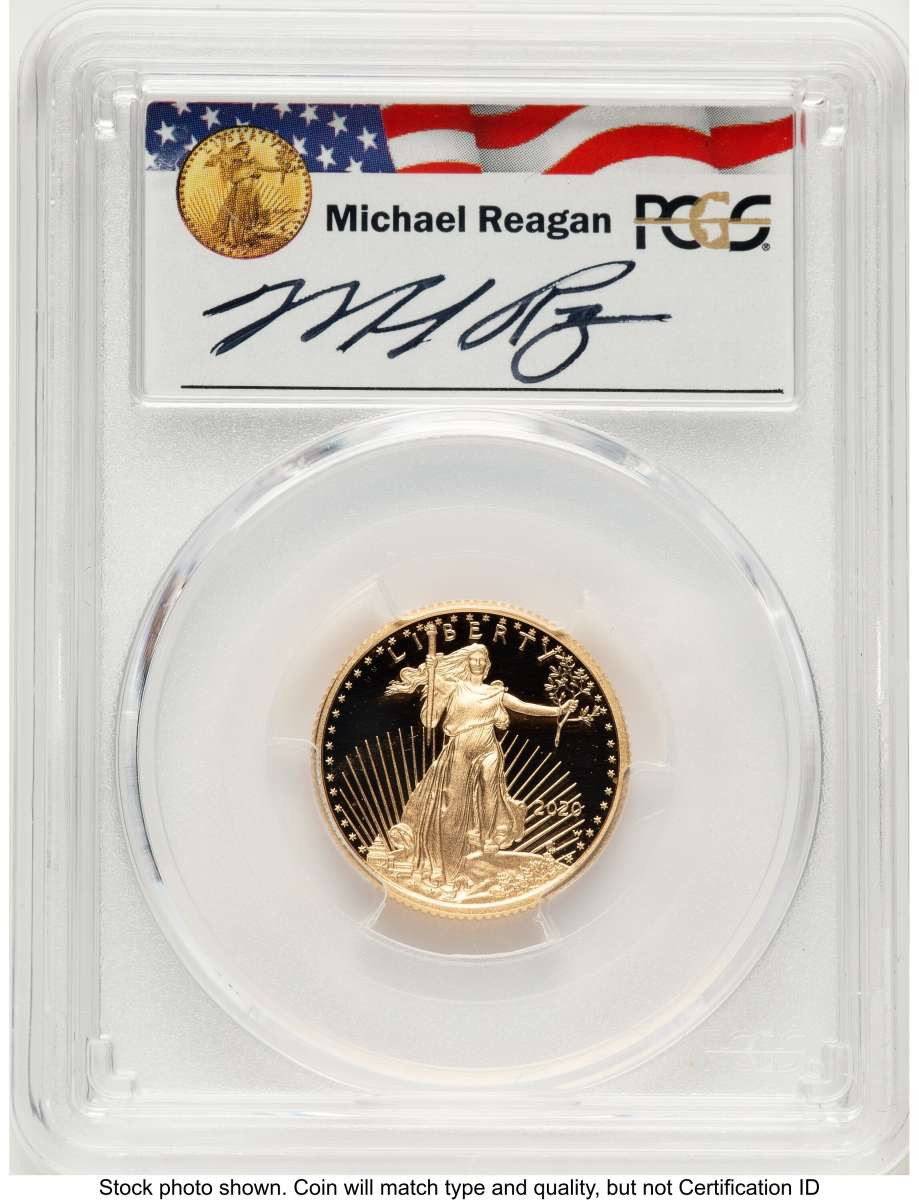 2020-W $10 Proof 1/4 oz American Gold Eagle Coin PCGS PR70 DCAM - First Day of Issue - Michael Reagan coin front image